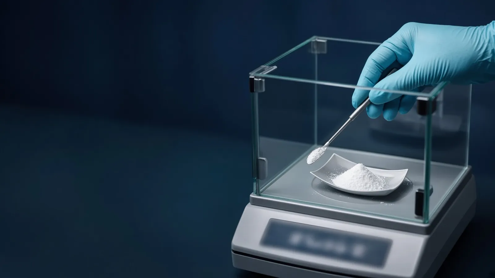Gloved hand weighing white powder with a spatula inside an analytical balance draft shield
