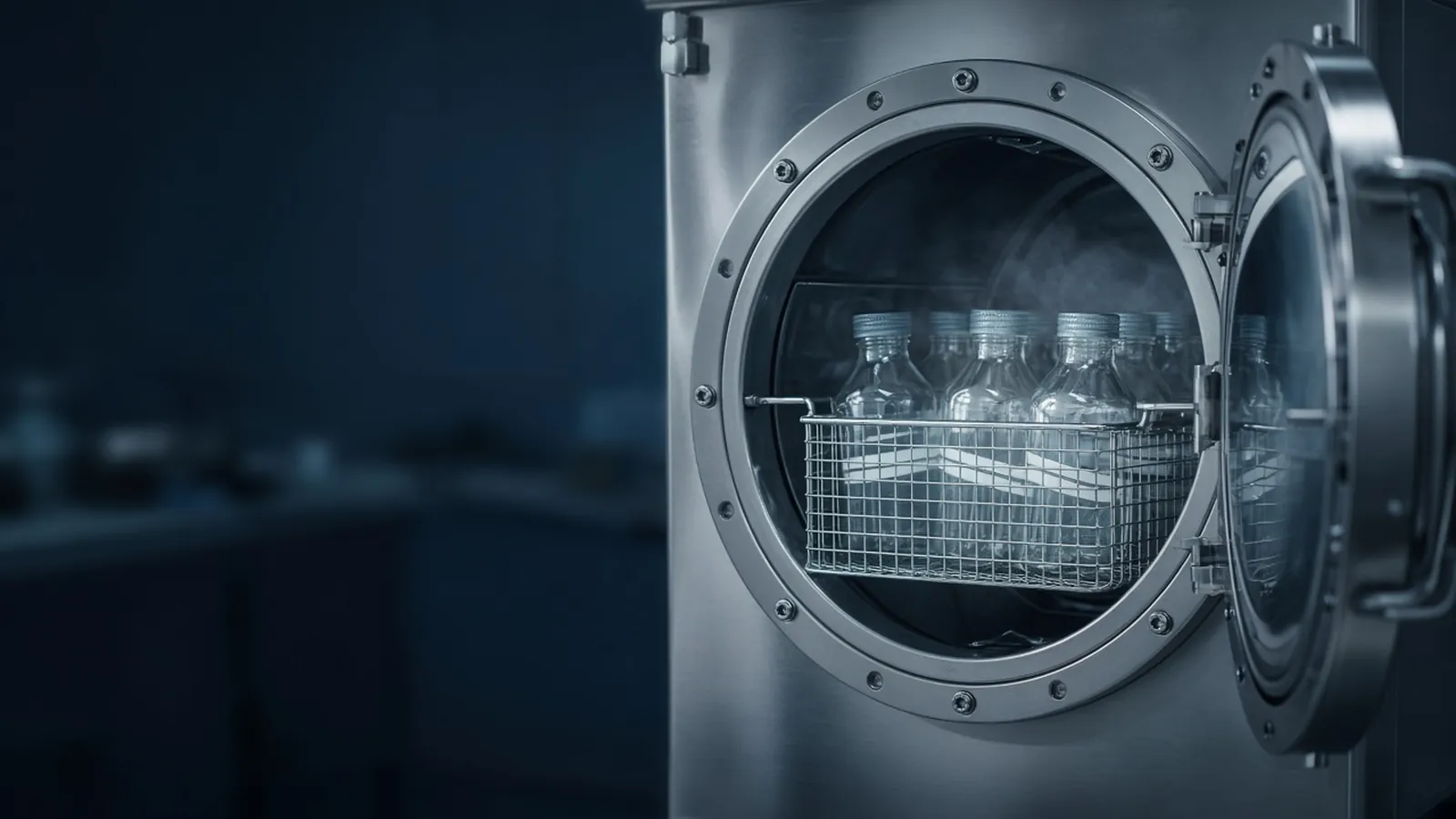 Open stainless steel autoclave with a wire basket of glass media bottles inside