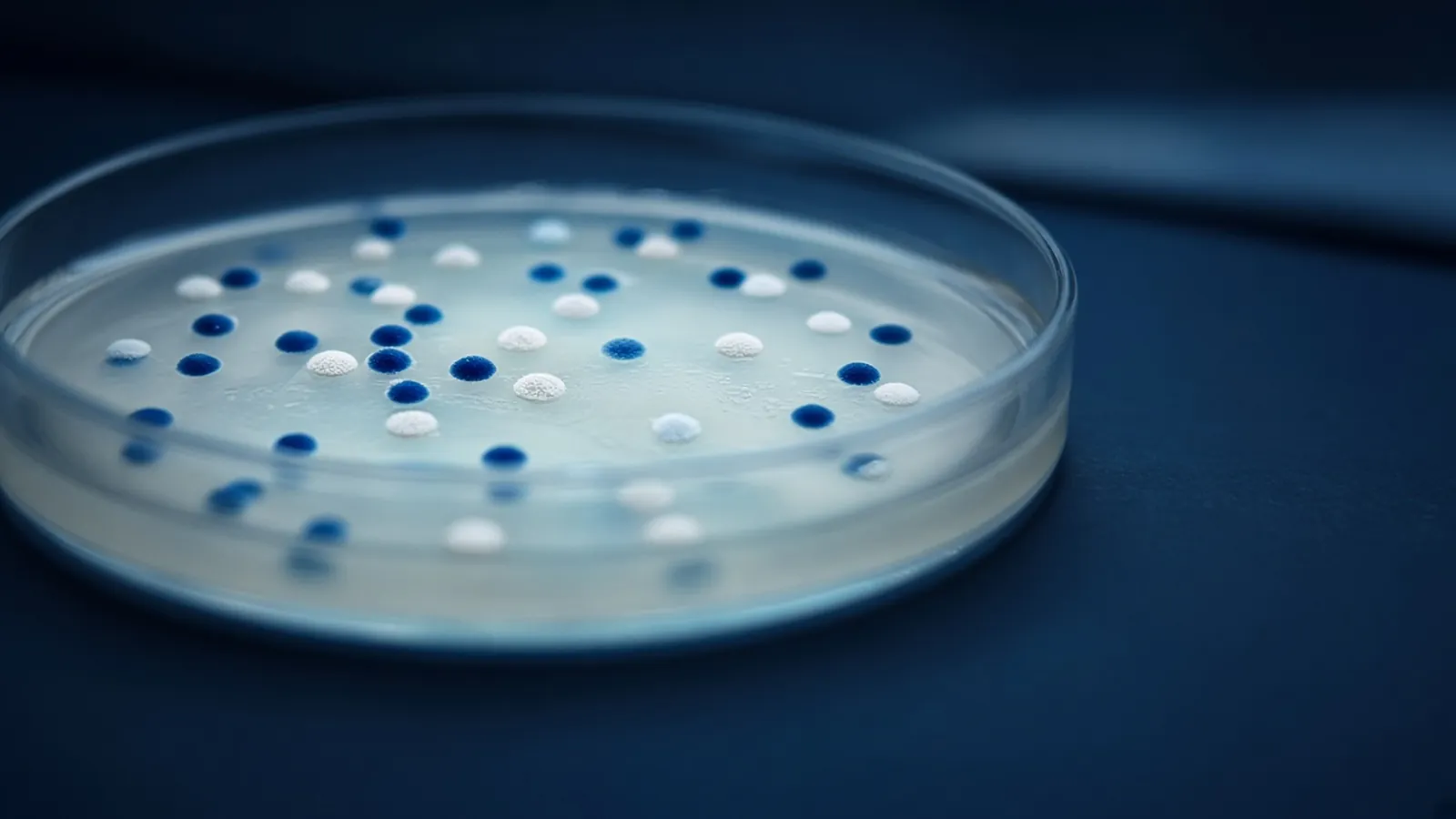 Petri dish with blue and white bacterial colonies for blue-white screening