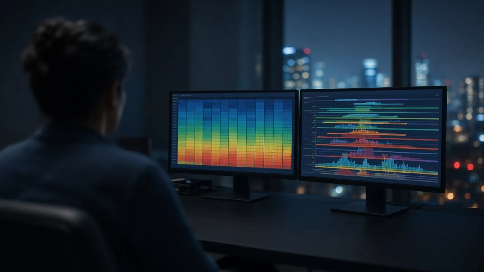 Researcher viewing gene expression heatmaps and genomic tracks on two monitors at night