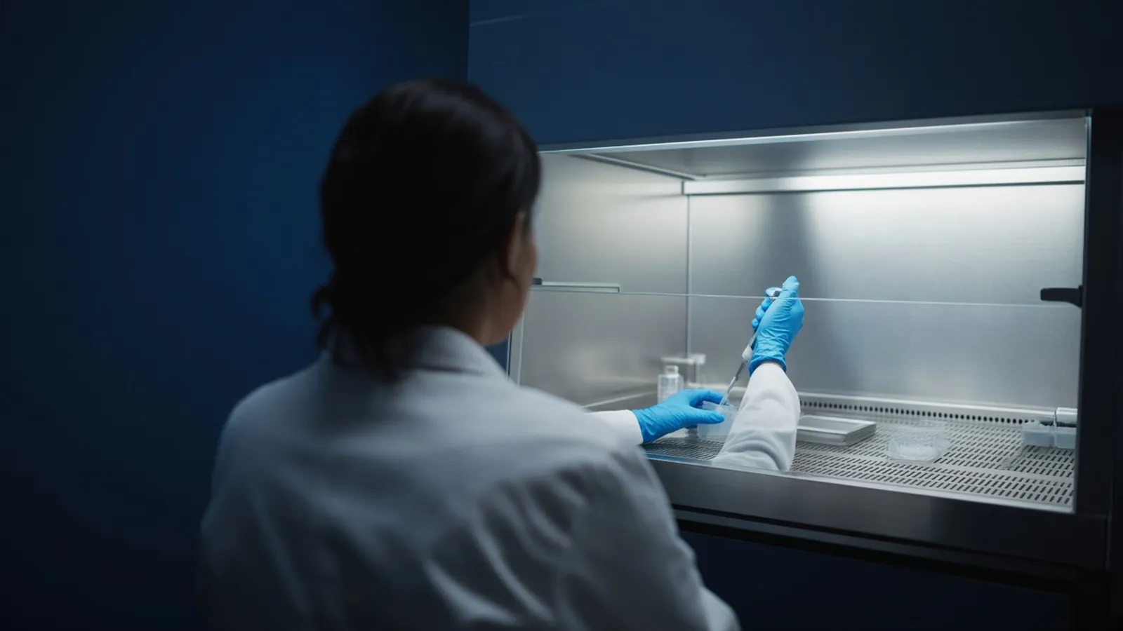 Scientist in a lab coat working inside a Class II biosafety cabinet, seen from behind