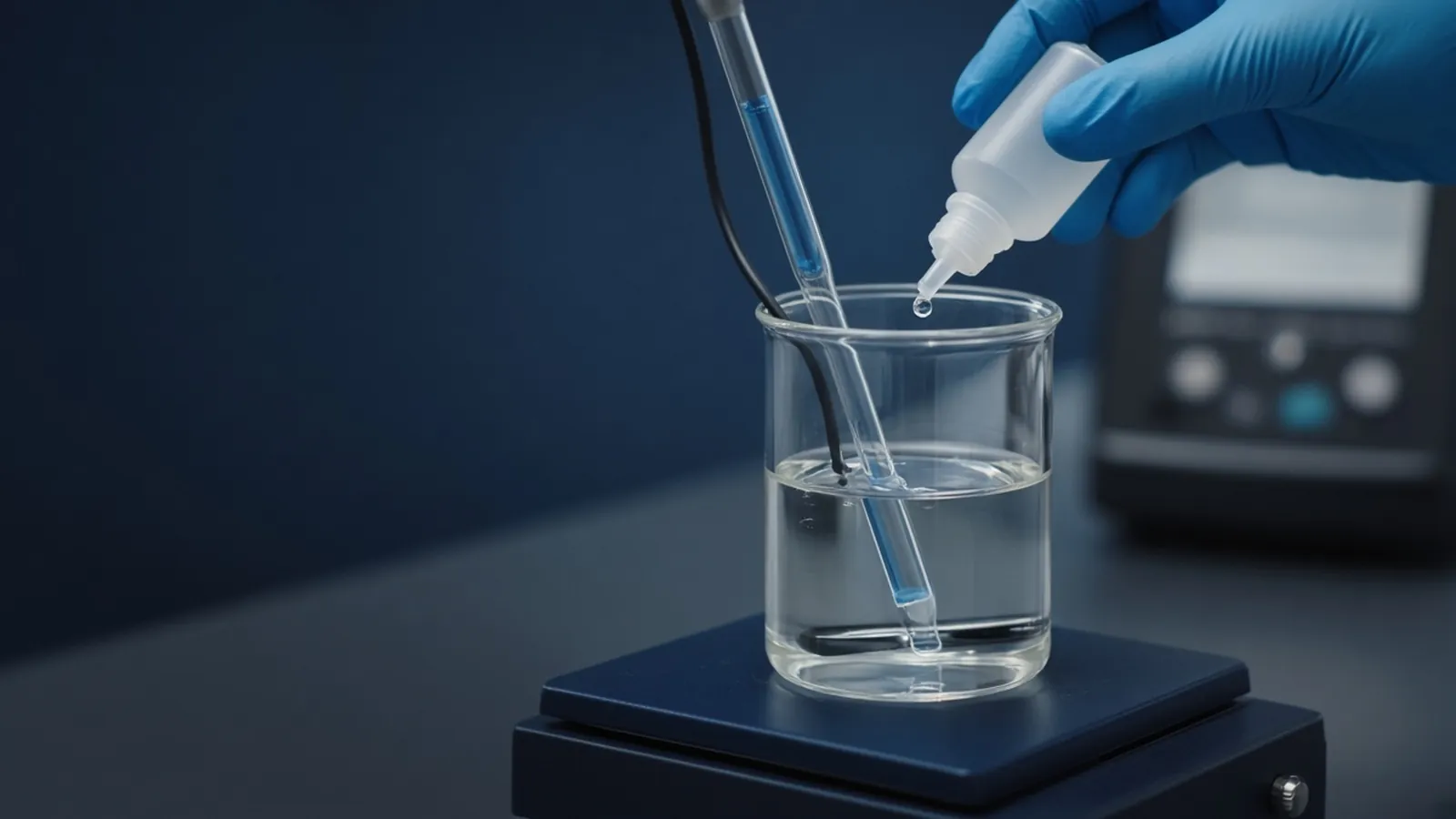 pH electrode in a beaker of buffer while a gloved hand adds drops from a dropper bottle