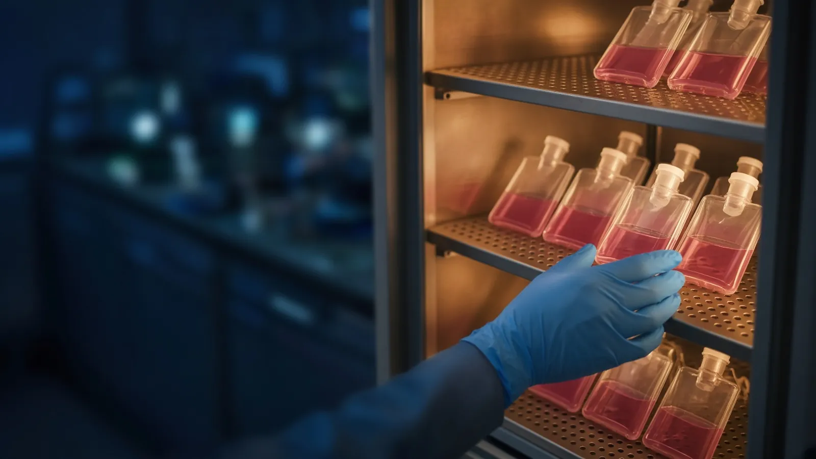 Gloved hand reaching into a CO2 incubator stacked with cell culture flasks of red medium