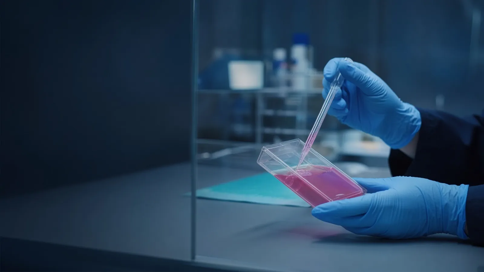 Gloved hands aspirating pink culture medium from a cell culture flask inside a laminar flow hood