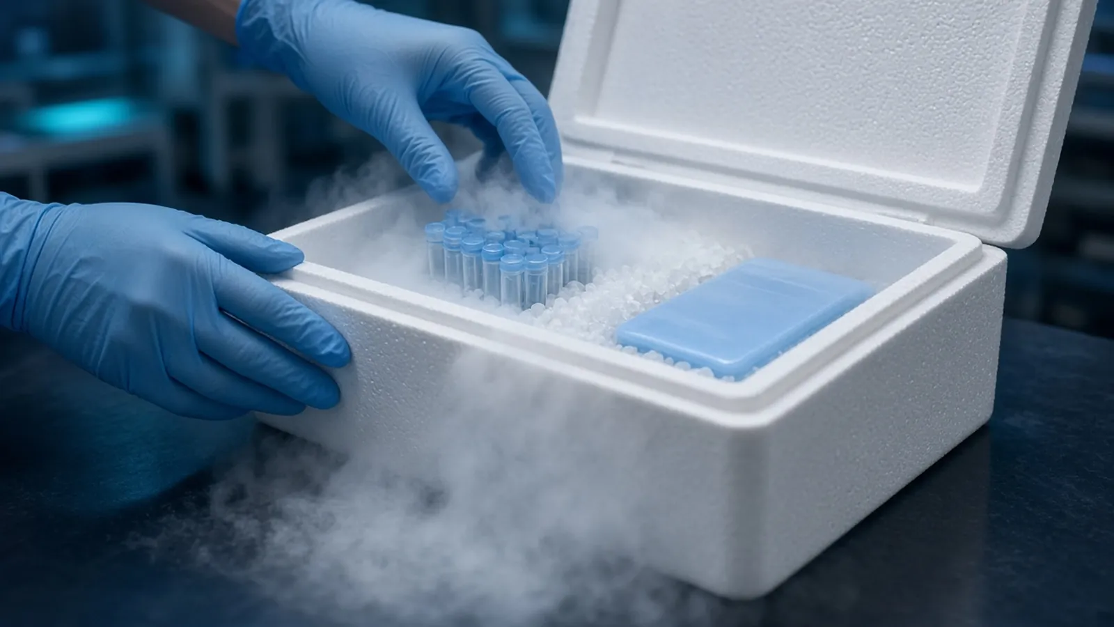 Gloved hands packing sample tubes in dry ice inside an insulated shipping box