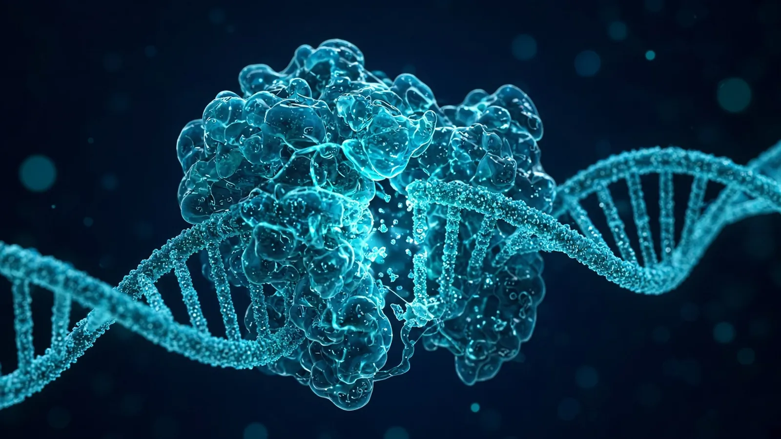 Visualisation of a protein complex binding a DNA double helix, representing genome editing