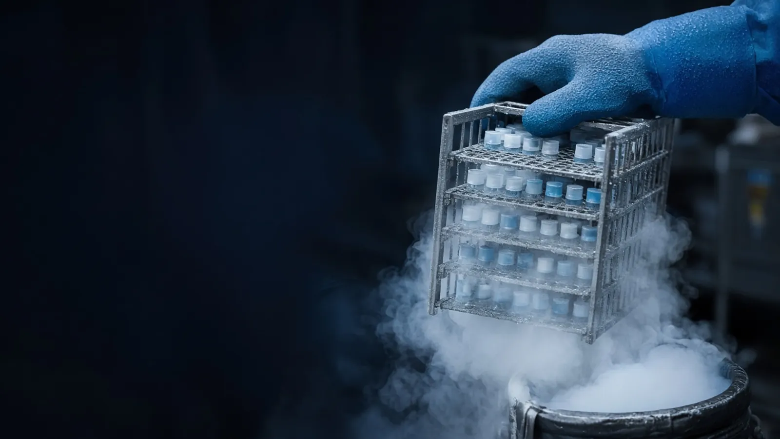 Cryo-gloved hand lifting a rack of cryovials from a liquid nitrogen dewar with vapour rising