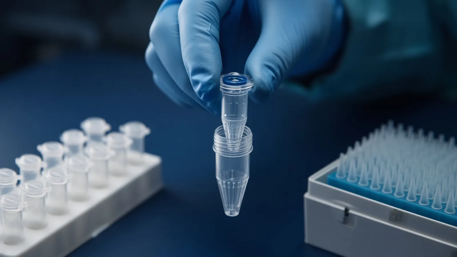 Gloved fingers placing a silica spin column into a collection tube beside a tube rack and pipette tips