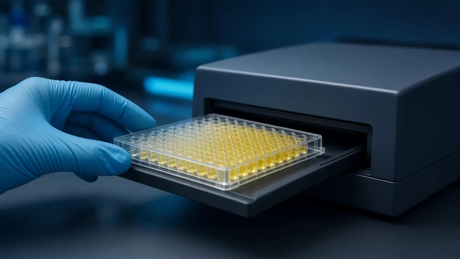 Gloved hand sliding a yellow-developed ELISA plate into a microplate reader drawer
