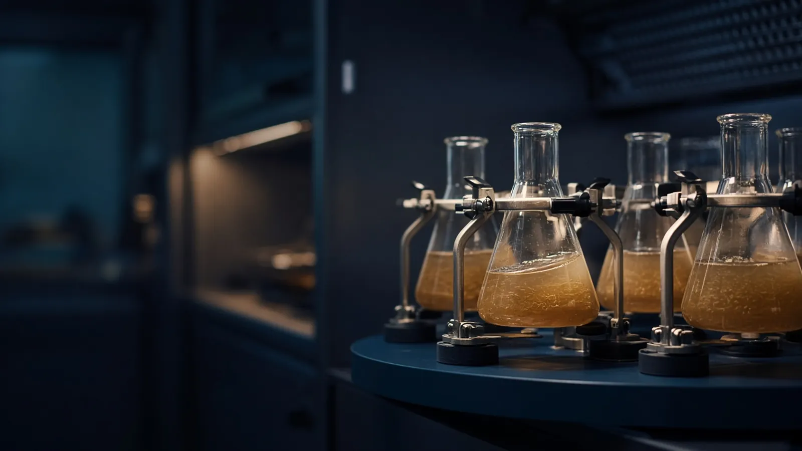 Erlenmeyer flasks of amber bacterial culture clamped on an orbital shaker platform