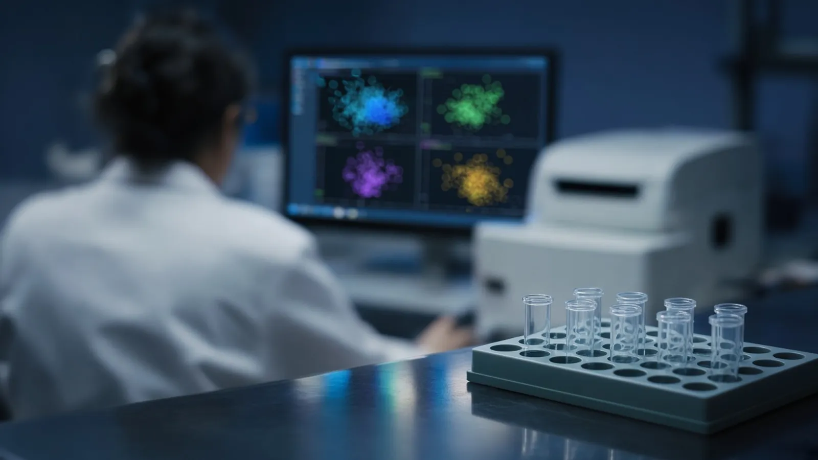 Rack of flow cytometry tubes in front of a researcher viewing coloured scatter plots beside a cytometer