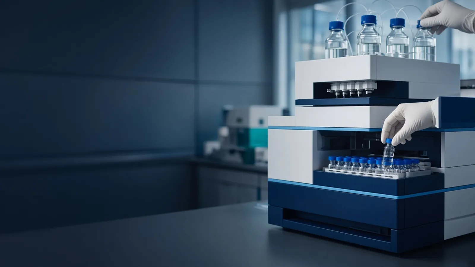 Gloved hand placing a vial into the autosampler of a modular HPLC system with solvent bottles on top