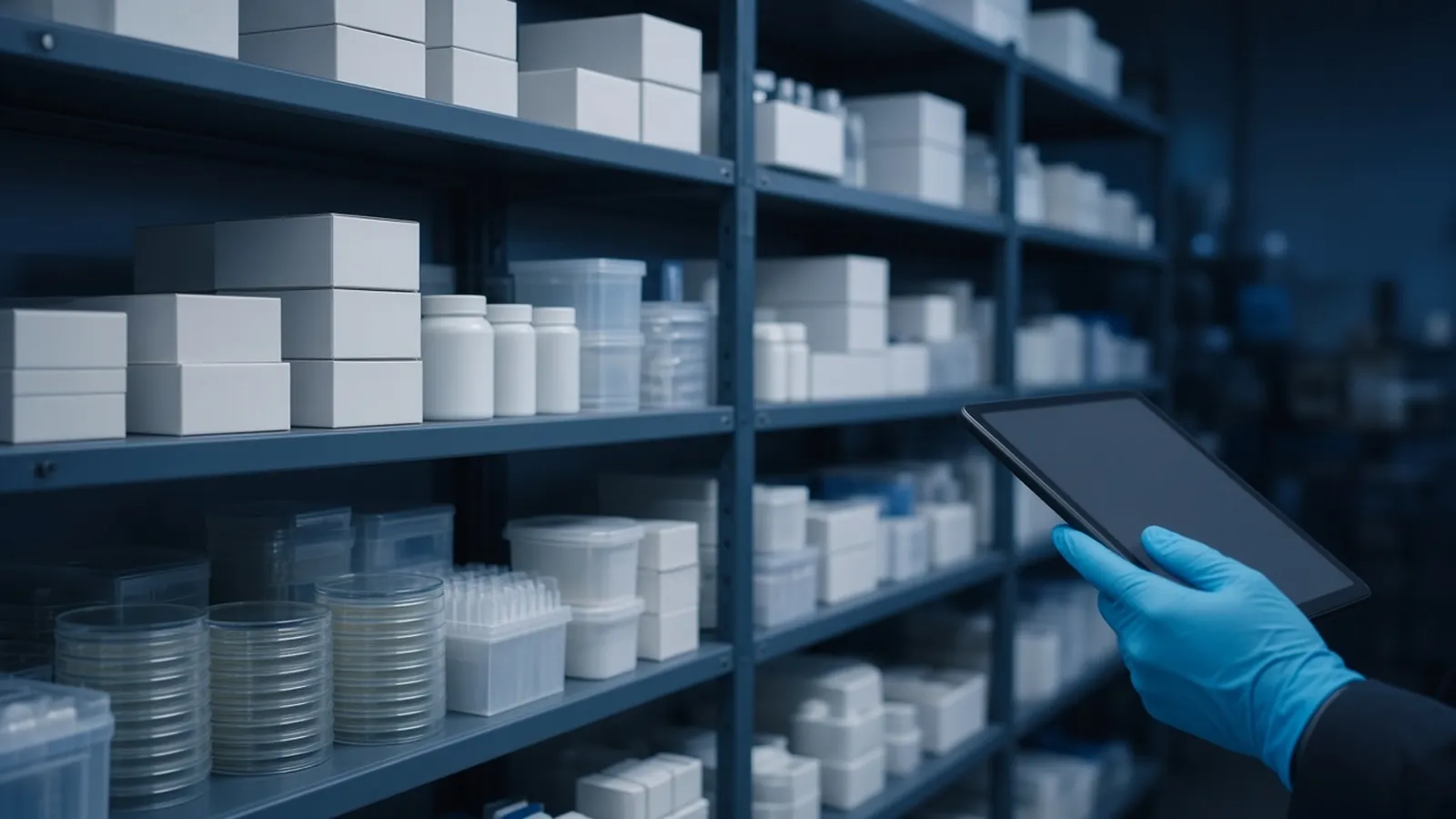 Gloved hand holding a tablet in front of shelves of laboratory consumables and reagents