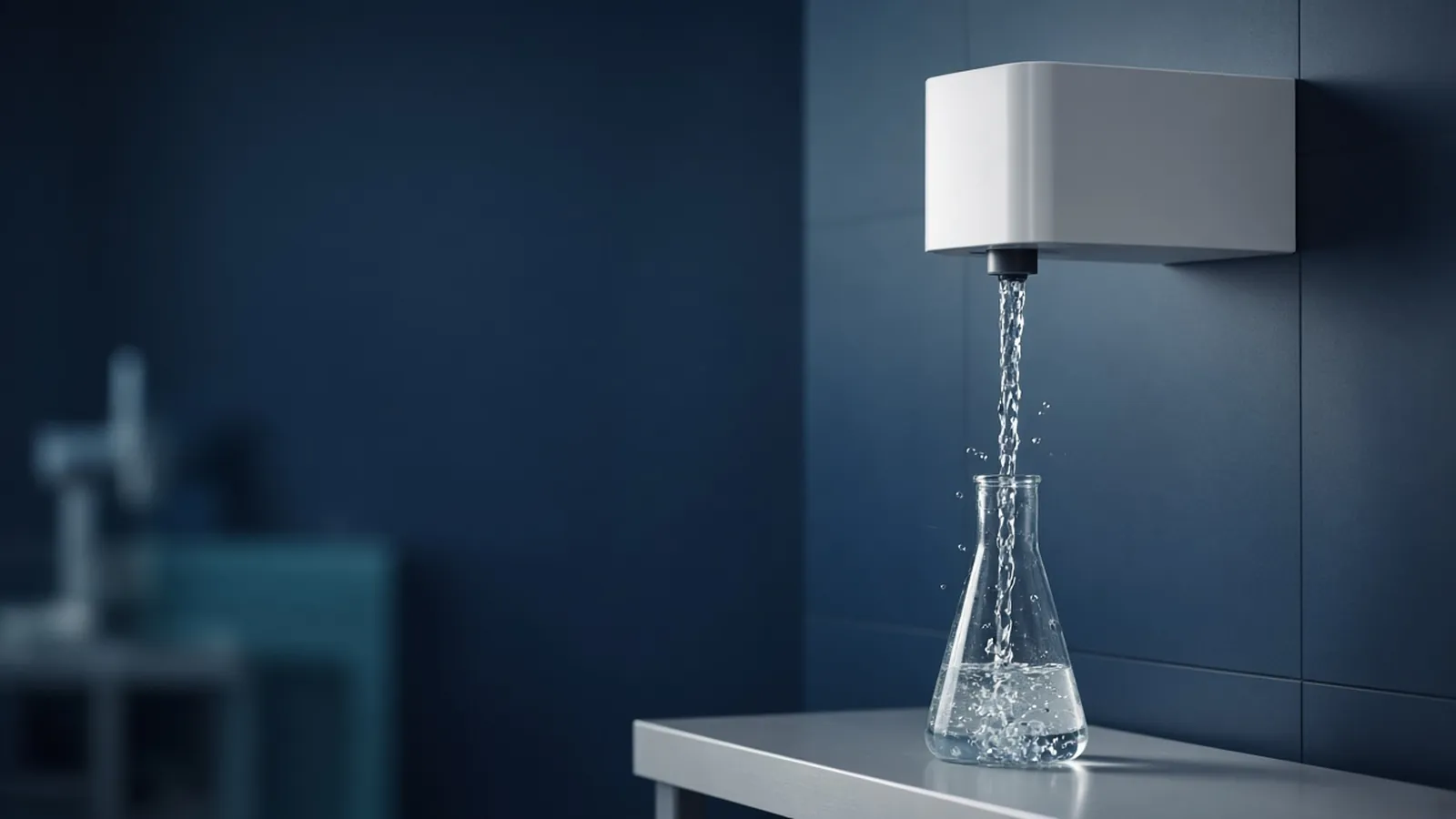 Wall-mounted water purification unit dispensing ultrapure water into a glass flask