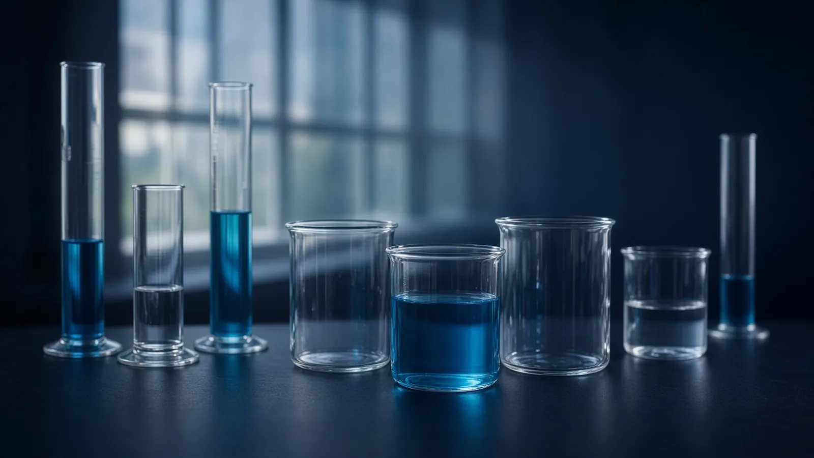 Glass beakers and graduated cylinders holding blue and clear liquids on a dark lab bench