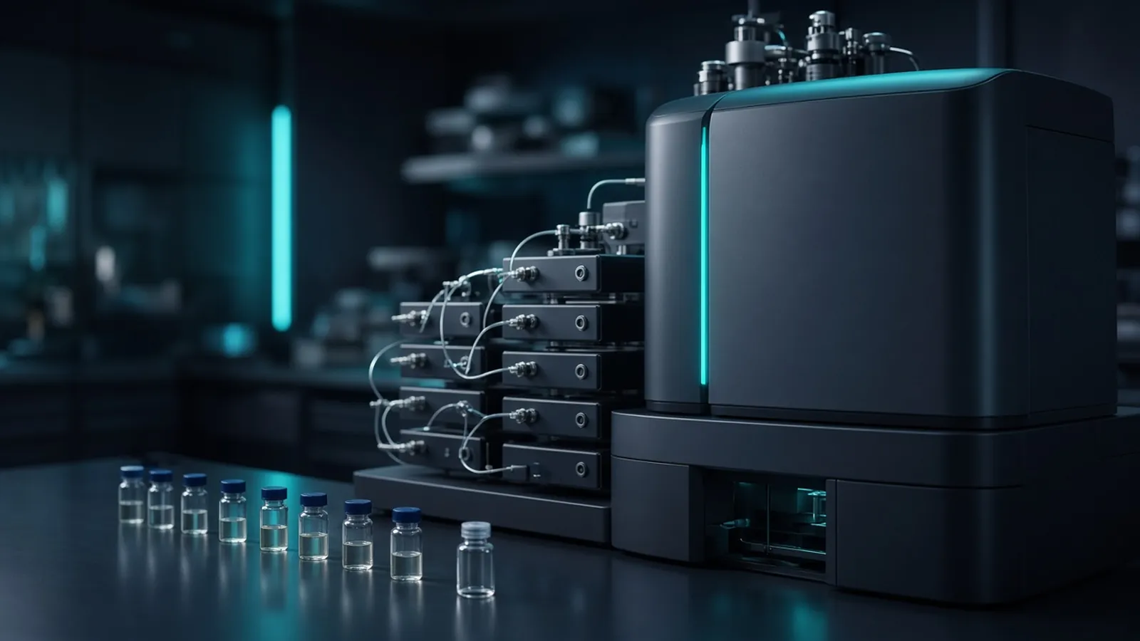 Mass spectrometer coupled to a liquid chromatography system with sample vials in the foreground