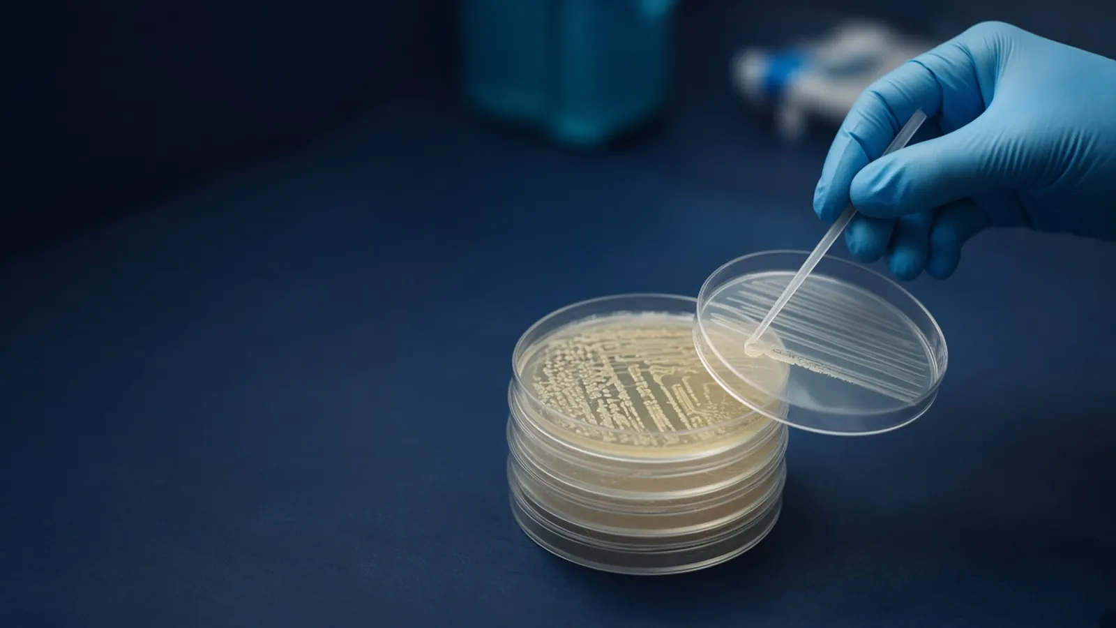 Gloved hand streaking an agar plate with an inoculating loop beside a stack of cultured plates