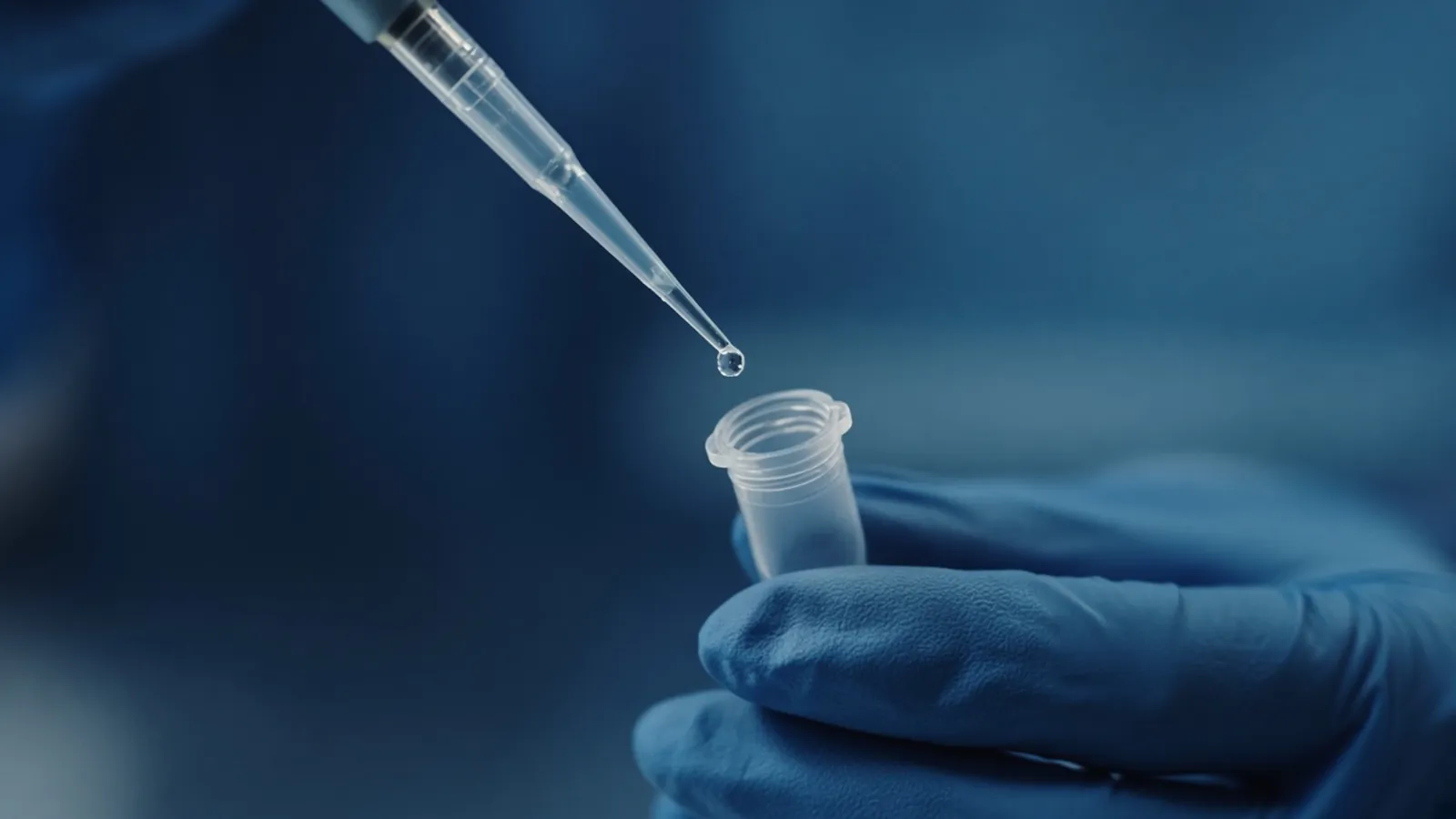 Close-up of a micropipette tip releasing a droplet into a microcentrifuge tube held in a gloved hand
