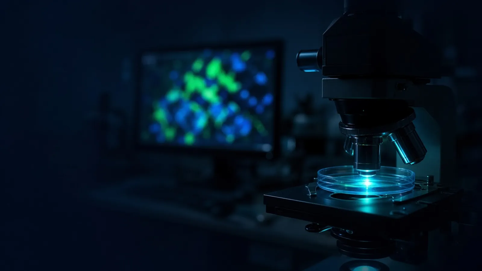 Fluorescence microscope illuminating a culture dish with a monitor of glowing cells behind