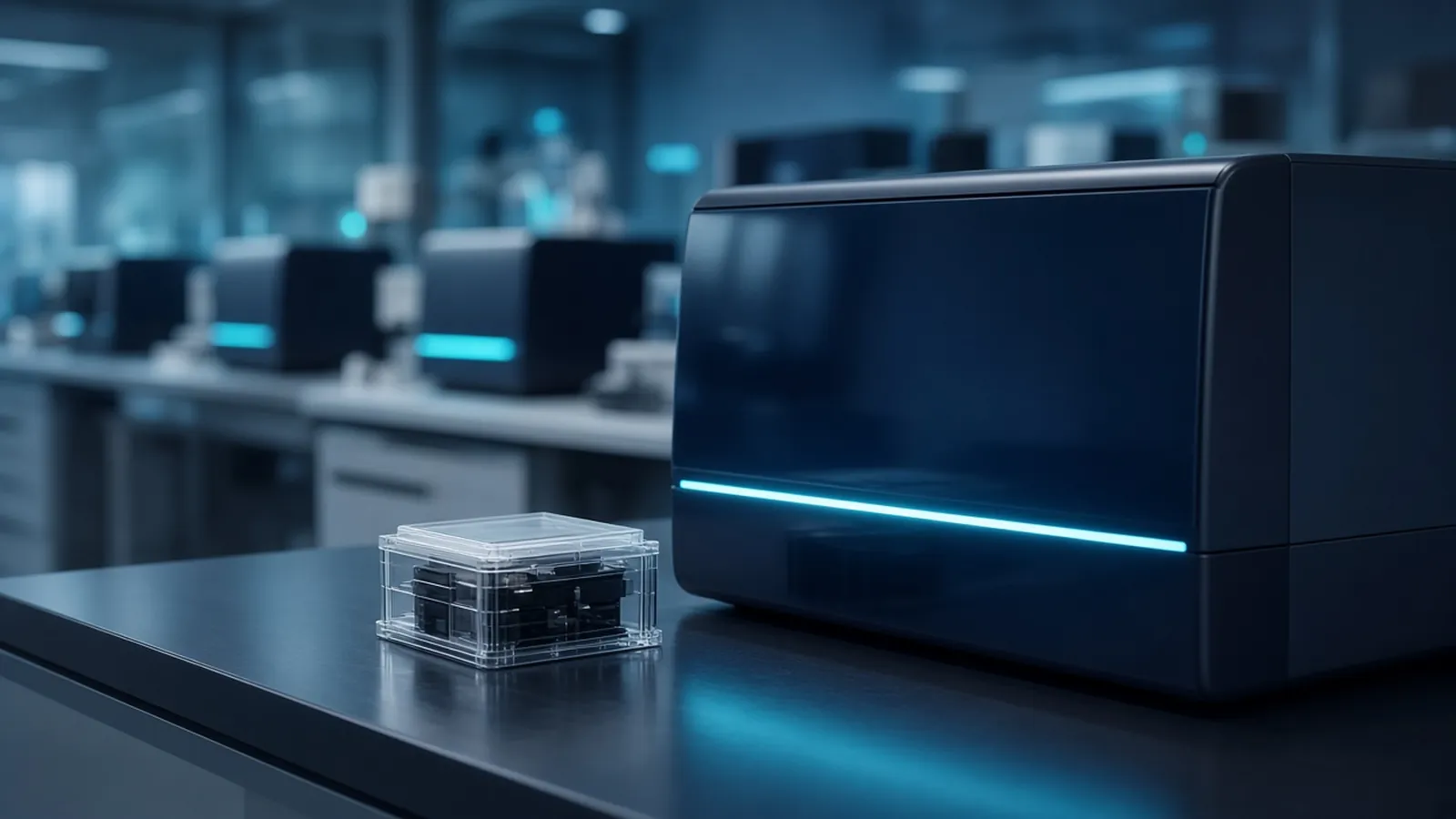 Benchtop sequencing instrument with a teal status light and a flow cell cartridge in a genomics lab