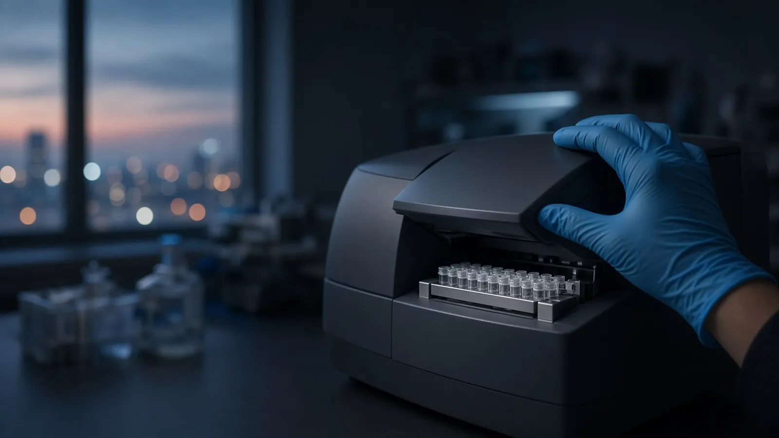 Gloved hand closing the lid of a benchtop PCR thermal cycler holding a strip of PCR tubes, city lights at dusk behind