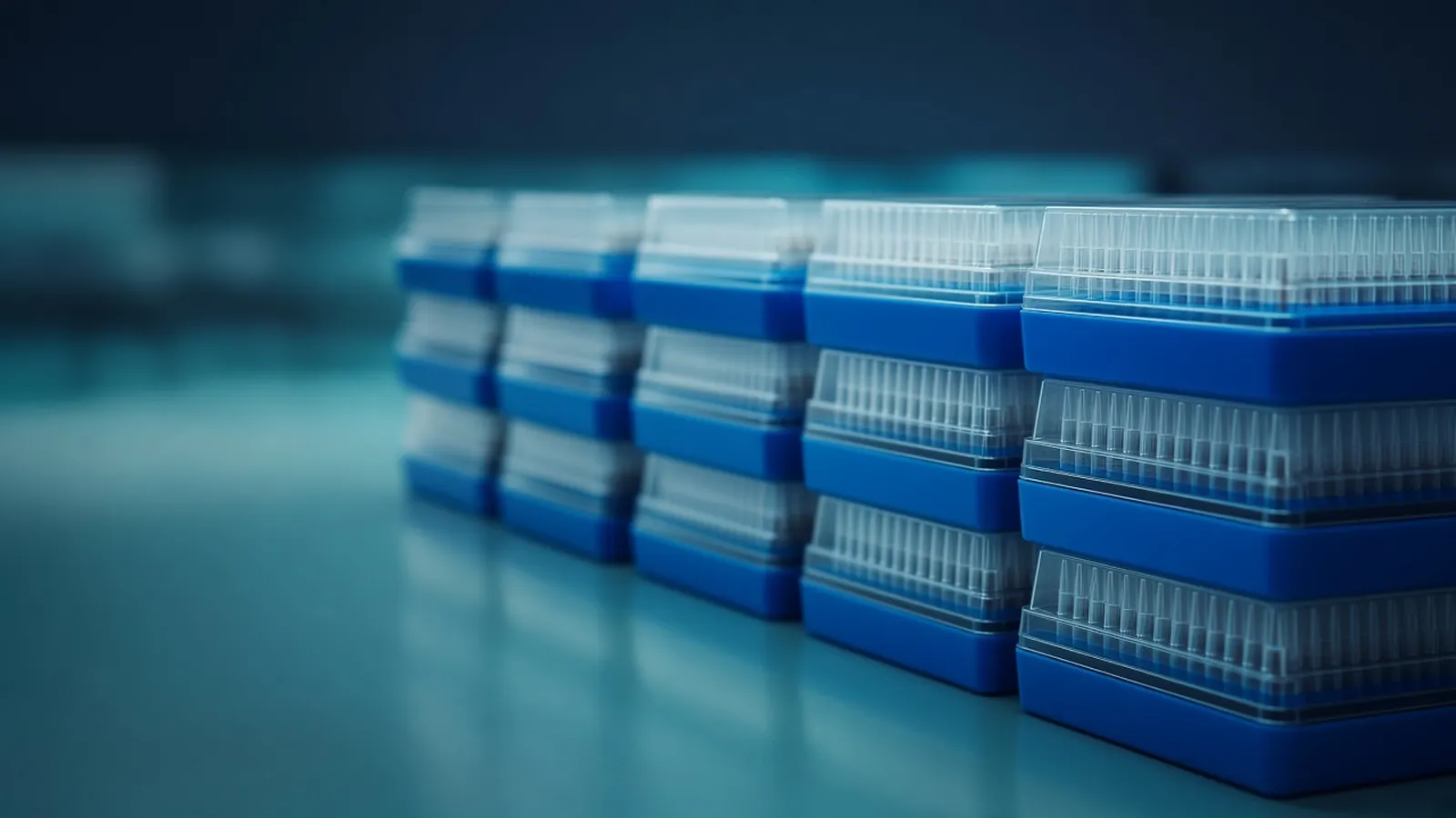 Stacked boxes of pipette tips in blue racks