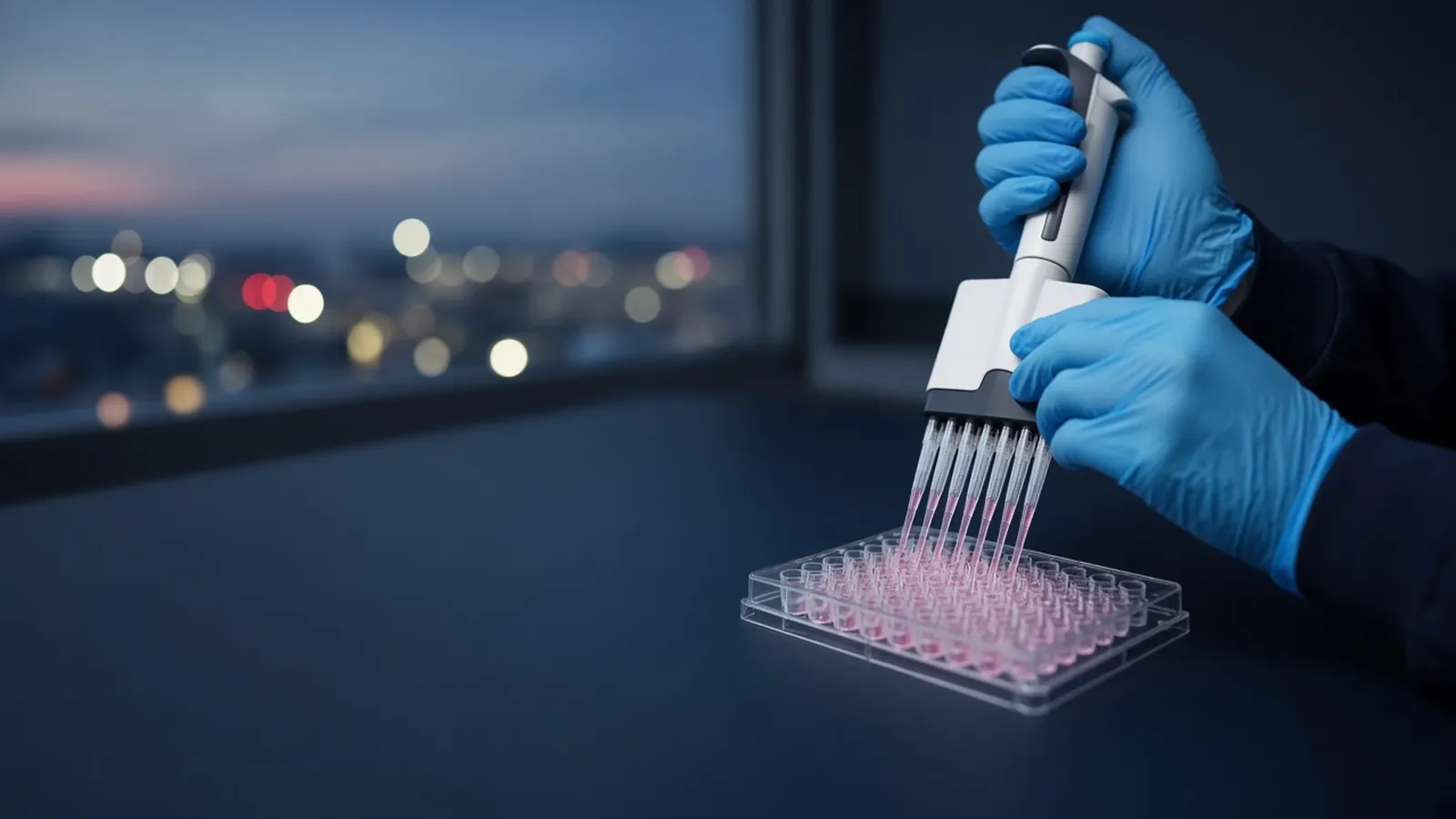 Gloved hands dispensing pink liquid into a 96-well plate with an 8-channel pipette