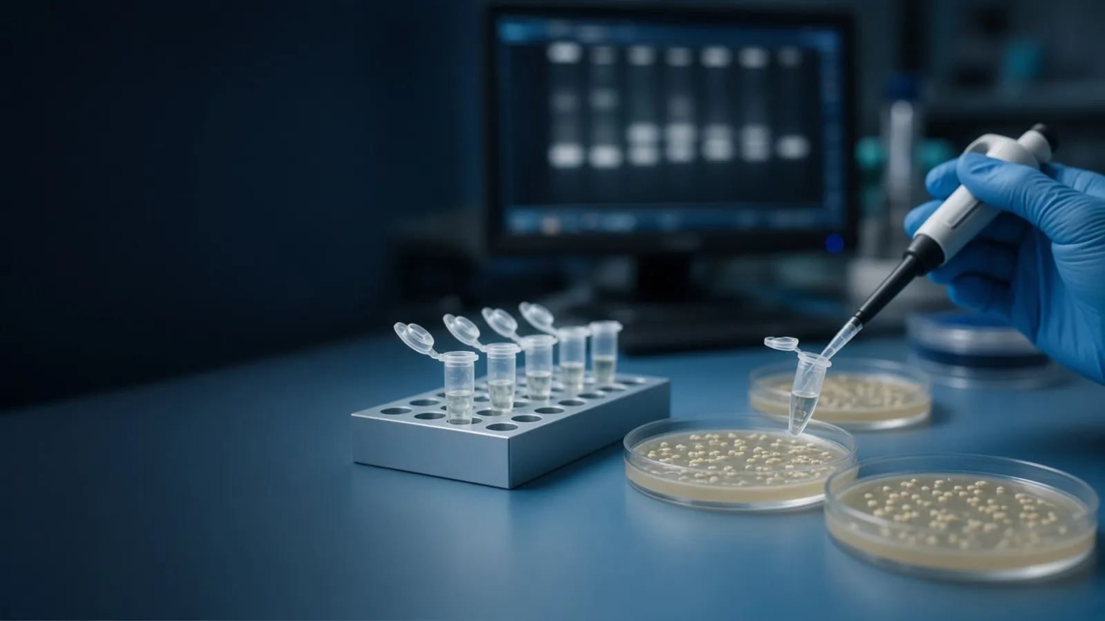 Gloved hand pipetting into a tube near a cold block and agar plates with colonies, gel image on a monitor