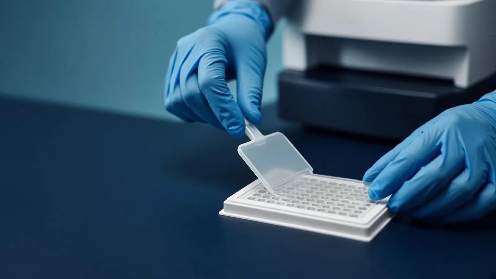 Gloved hands sealing a white qPCR plate with optical film using an applicator