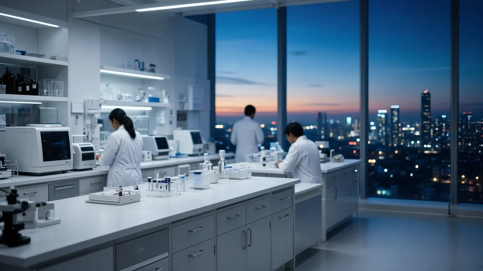 Modern research laboratory at dusk with researchers at benches and a city skyline through large windows