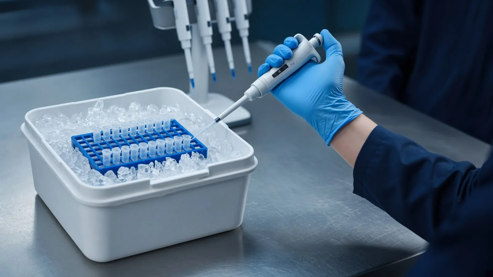 Gloved hand pipetting into microtubes kept on ice on a clean stainless RNA workstation