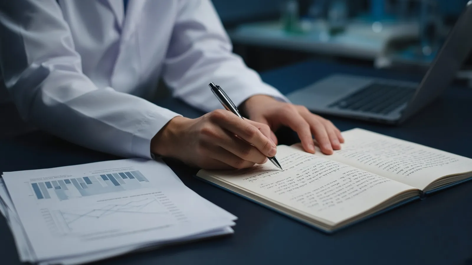 Scientist in a lab coat writing in a lab notebook beside printed reports and a laptop