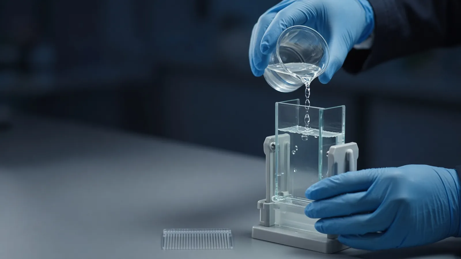Gloved hands pouring acrylamide solution between glass plates in a gel casting stand