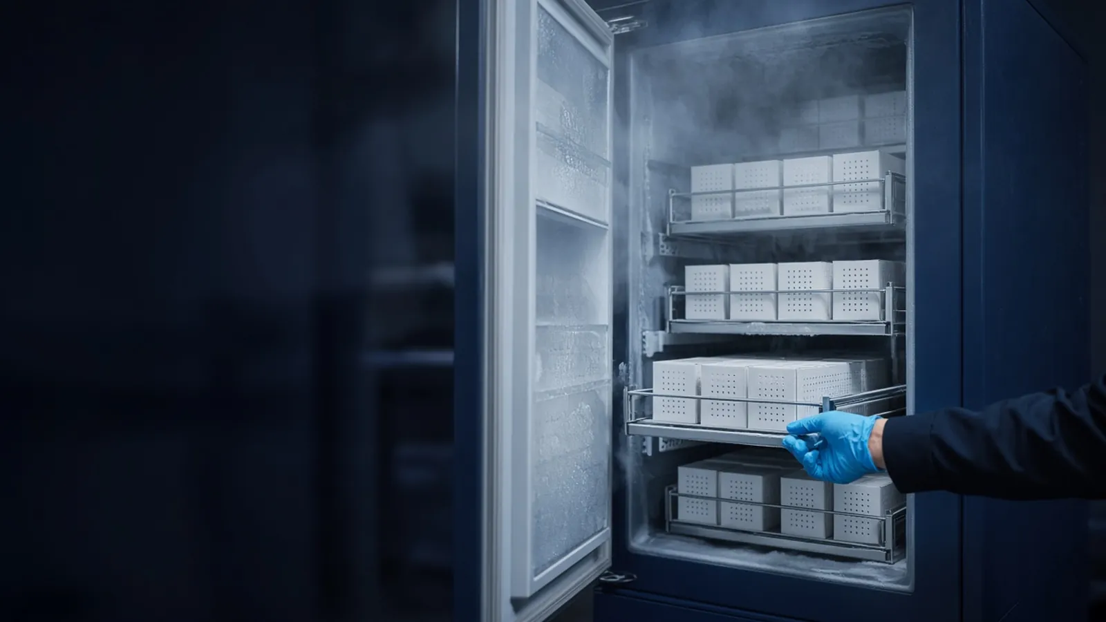 Gloved hand pulling a rack of cryoboxes from a frosted ultra-low temperature freezer
