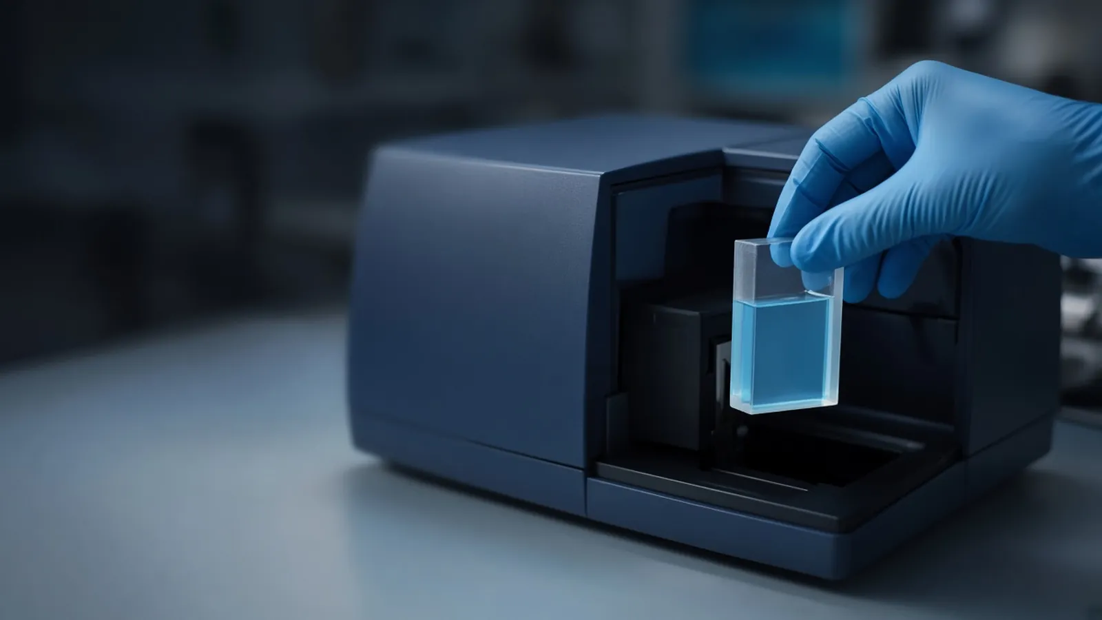 Gloved hand inserting a cuvette of blue solution into a UV-Vis spectrophotometer