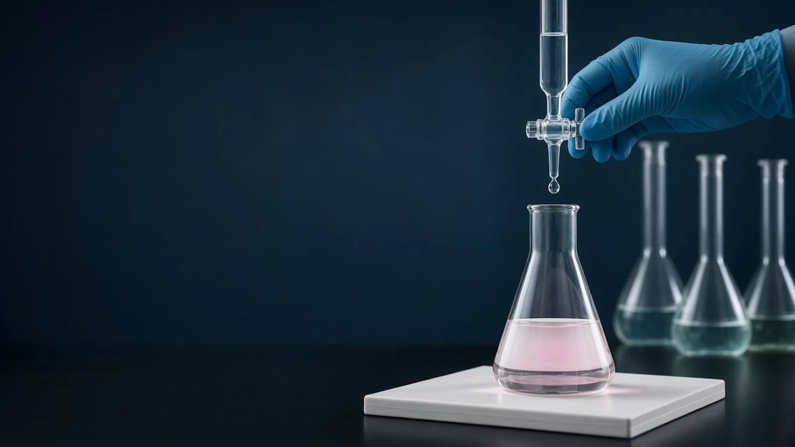 Burette dispensing a drop into a flask of pale pink solution during a titration, volumetric flasks behind