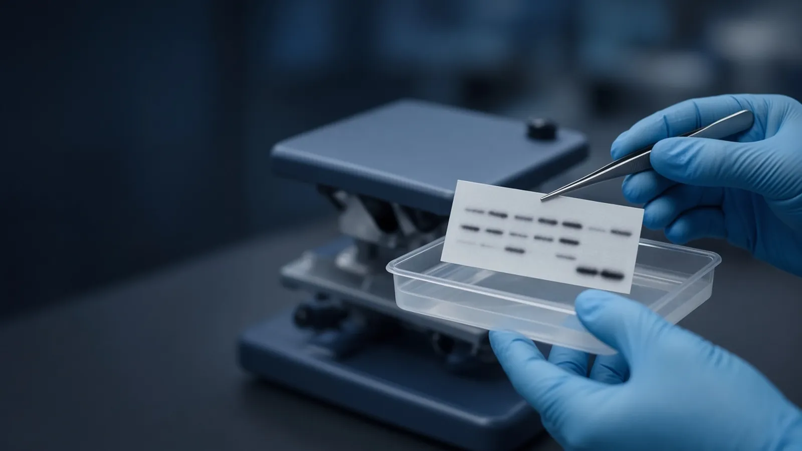 Gloved hands lifting a western blot membrane with forceps over a buffer tray, rocking shaker behind
